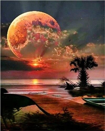 Red Full Moon Night - Landscape Paint By Number