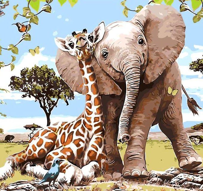 Elephant Giraffe Friendship - DIY Paint By Numbers - Numeral Paint